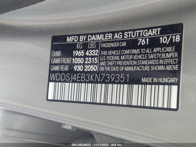 2019 MERCEDES-BENZ CLA CLA 250 VIN: WDDSJ4EB3KN739351