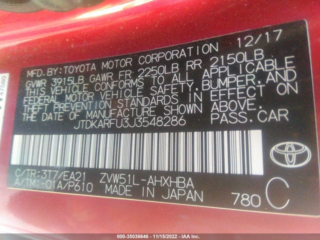 2018 Toyota Prius, VIN: JTDKARFU3J3548286