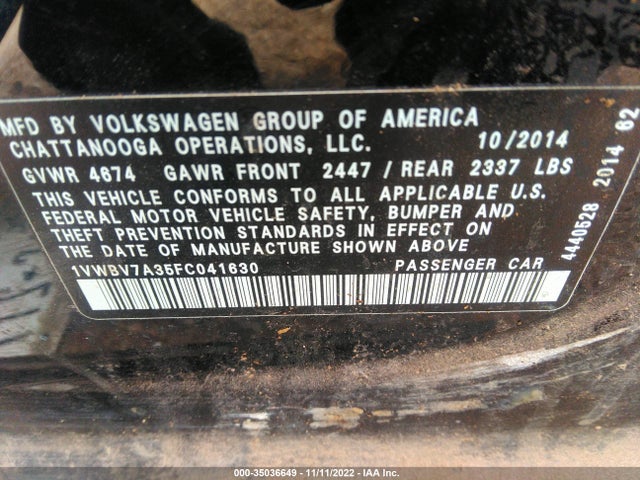 1VWBV7A35FC041630 Volkswagen Passat 2.0l Tdi Se W/sunroof