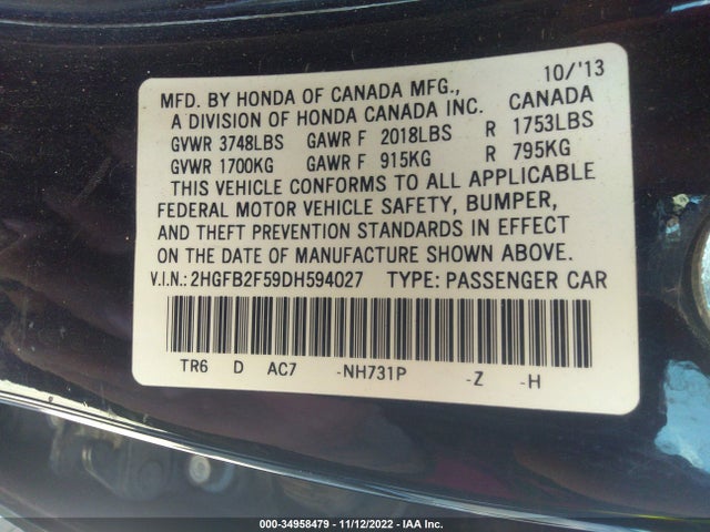 2013 HONDA CIVIC SDN LX VIN: 2HGFB2F59DH594027