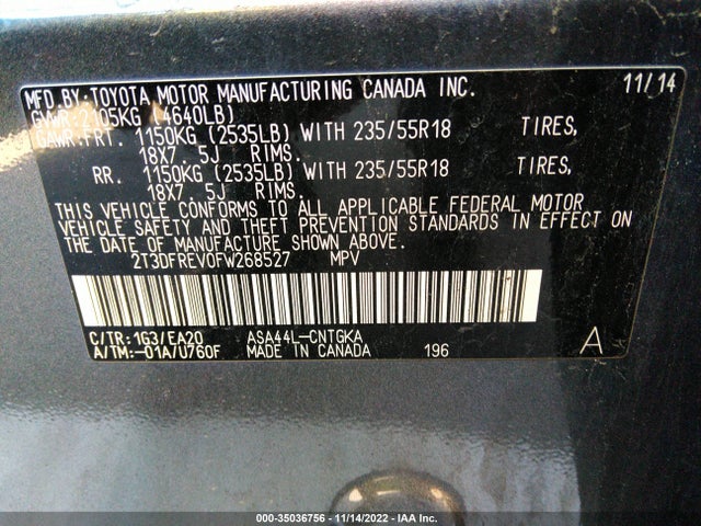 2015 TOYOTA RAV4 LIMITED VIN: 2T3DFREV0FW268527