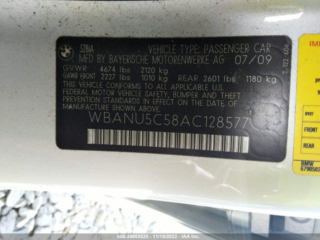 2010 BMW 5 SERIES 528I VIN: WBANU5C58AC128577