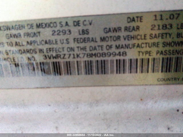 3VWRZ71K78M089948 Volkswagen Jetta Sedan Se/sel