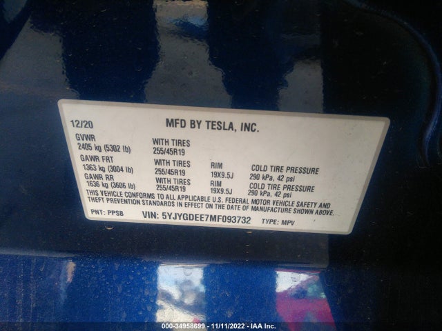 2021 TESLA MODEL Y LONG RANGE VIN: 5YJYGDEE7MF093732