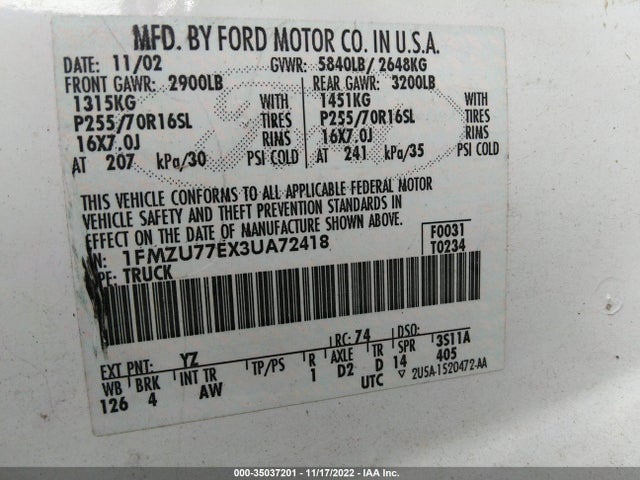 2003 FORD EXPLORER SPORT TRAC XLT VIN: 1FMZU77EX3UA72418