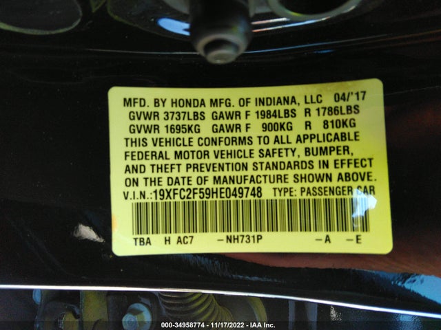 Honda Civic Sedan Lx 2017 19XFC2F59HE049748 Image 9