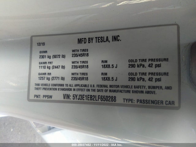 Tesla MODEL 3 2020 5YJ3E1EB2LF650288 Image 9
