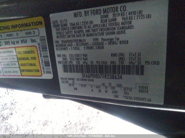 2015 FORD FUSION SE VIN: 3FA6P0HD7FR238634