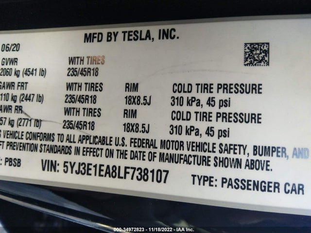 Tesla MODEL 3 2020 5YJ3E1EA8LF738107 Image 9
