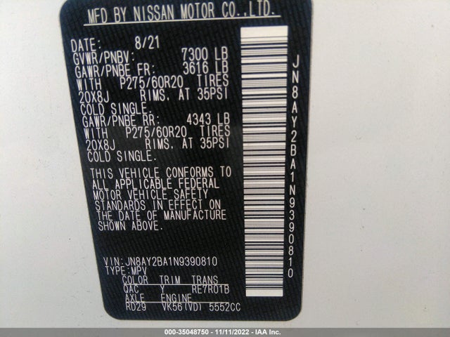 2022 Nissan Armada, VIN: JN8AY2BA1N9390810