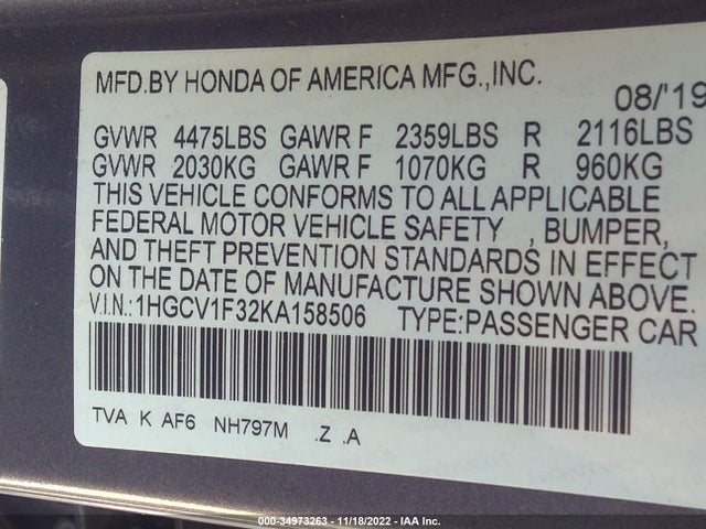 2019 HONDA ACCORD SEDAN SPORT 1.5T VIN: 1HGCV1F32KA158506