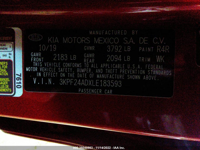 2020 KIA FORTE LXS VIN: 3KPF24ADXLE183593