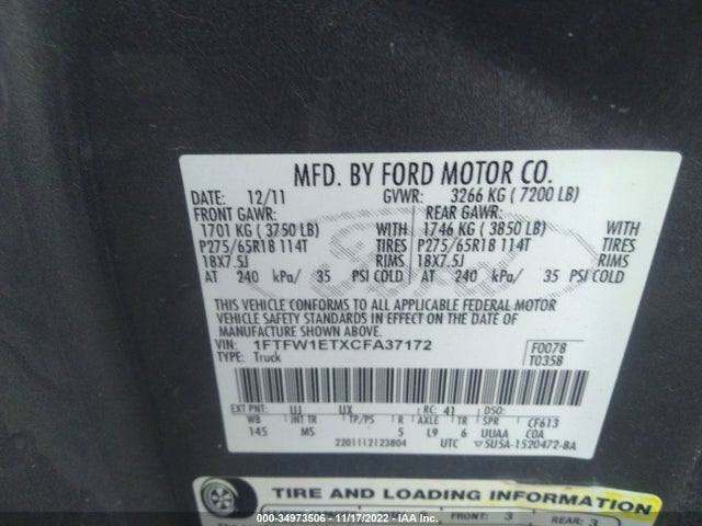 2012 FORD F-150 XL/XLT/FX4/LARIAT VIN: 1FTFW1ETXCFA37172