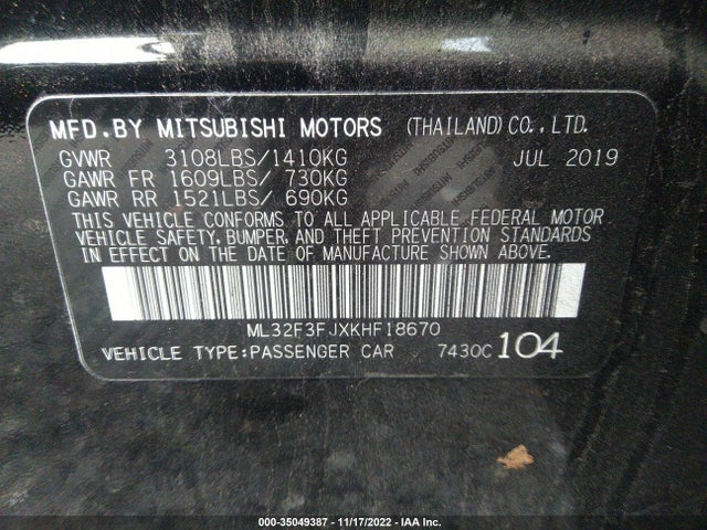 2019 Mitsubishi Mirage, VIN: ML32F3FJXKHF18670