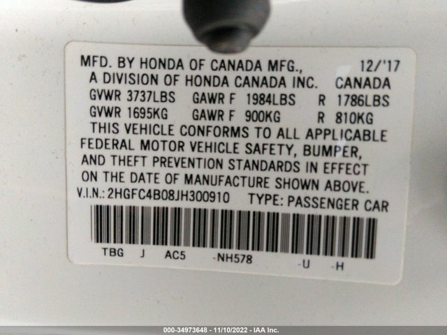 2018 HONDA CIVIC COUPE LX-P VIN: 2HGFC4B08JH300910