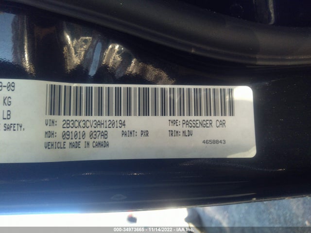 2010 DODGE CHARGER SXT VIN: 2B3CK3CV3AH120194