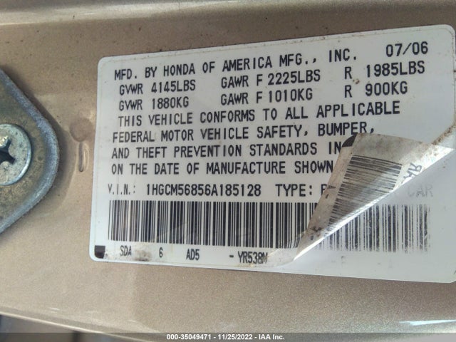 2006 HONDA ACCORD SDN EX-L VIN: 1HGCM56856A185128