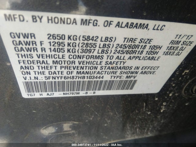 2017 Honda Pilot, VIN: 5FNYF6H87HB103444