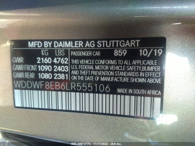 2020 MERCEDES-BENZ C-CLASS C 300 VIN: WDDWF8EB6LR555106