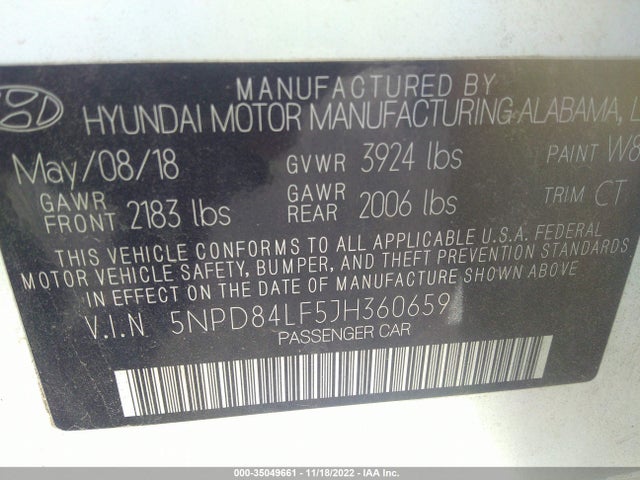 2018 HYUNDAI ELANTRA VALUE EDITION VIN: 5NPD84LF5JH360659