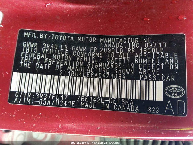 2010 TOYOTA COROLLA VIN: 2T1BU4EE6AC471084