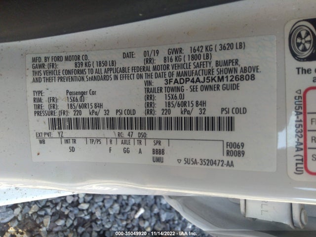 2019 FORD FIESTA S VIN: 3FADP4AJ5KM126808