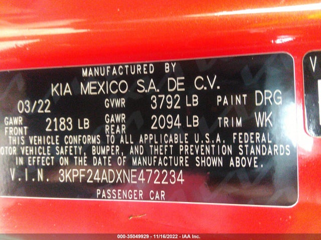2022 KIA FORTE LXS VIN: 3KPF24ADXNE472234