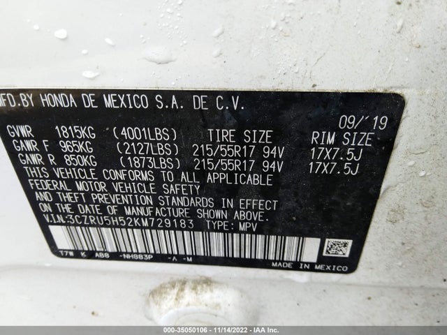 2019 HONDA HR-V EX VIN: 3CZRU5H52KM729183