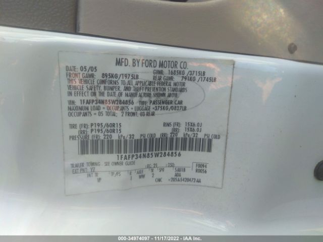 2005 FORD FOCUS S/SE/SES VIN: 1FAFP34N85W284856