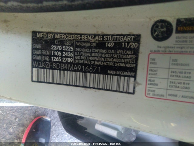 2021 Mercedes-Benz E-Class, VIN: W1KZF8DB4MA916671