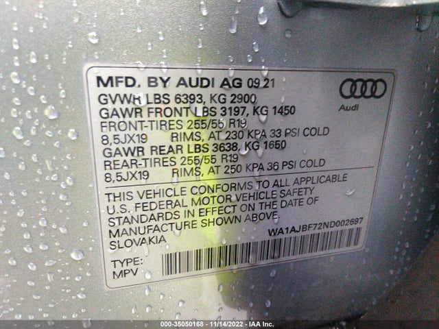 2022 Audi Q7, VIN: WA1AJBF72ND002697