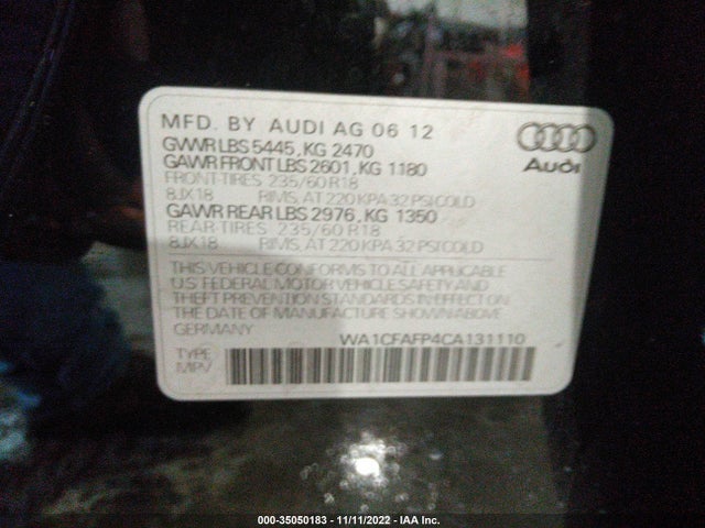 2012 AUDI Q5 2.0T PREMIUM VIN: WA1CFAFP4CA131110