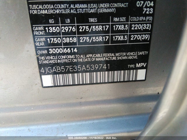 2005 MERCEDES-BENZ M-CLASS 3.7L VIN: 4JGAB57E35A539741