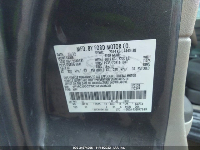 2012 FORD ESCAPE XLS VIN: 1FMCU0C70CKB80630