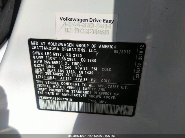 2018 Volkswagen Atlas, VIN: 1V2NR2CA5JC577018