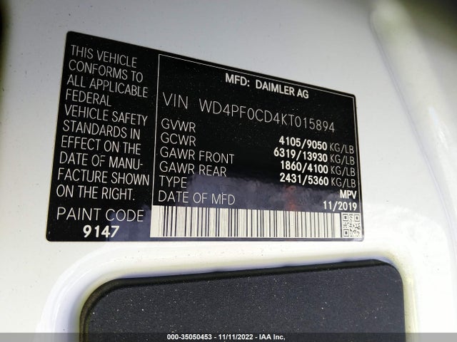 2019 Mercedes-Benz Sprinter, VIN: WD4PF0CD4KT015894