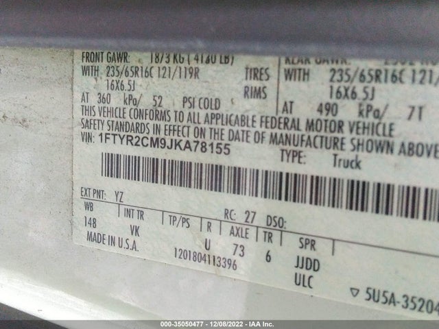 2018 Ford Transit, VIN: 1FTYR2CM9JKA78155