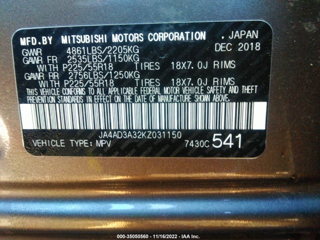 JA4AD3A32KZ031150 Mitsubishi Outlander Se/sel/le
