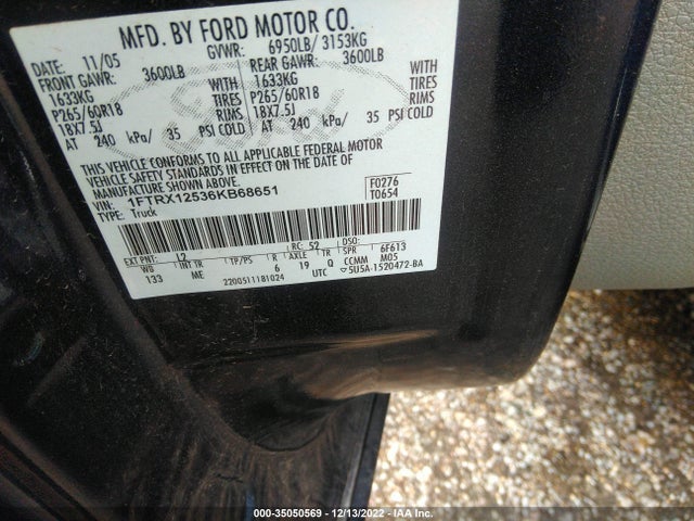 2006 FORD F-150 XLT/LARIAT/XL VIN: 1FTRX12536KB68651