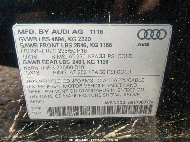 2017 Audi Q3, VIN: WA1JCCFS9HR009724