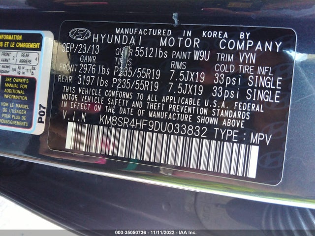 2013 HYUNDAI SANTA FE LIMITED VIN: KM8SR4HF9DU033832