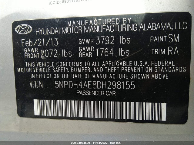 2013 HYUNDAI ELANTRA GLS VIN: 5NPDH4AE8DH298155
