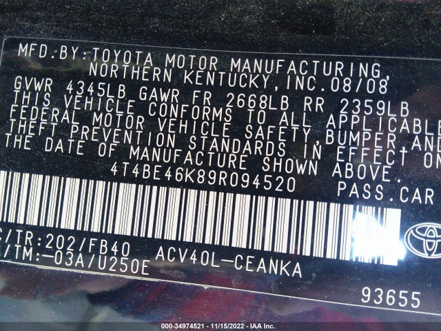 Toyota Camry 2009 4T4BE46K89R094520 Image 11