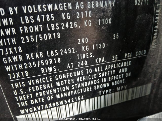 2011 VOLKSWAGEN TIGUAN SE W/SUNROOF & NAVI VIN: WVGAV7AX9BW542154
