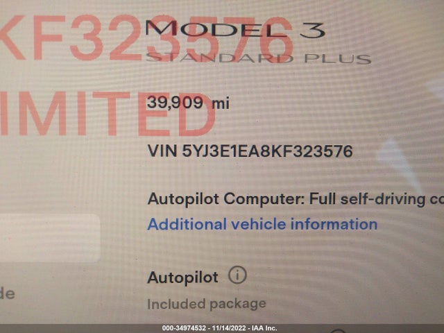 2019 Tesla 3, VIN: 5YJ3E1EA8KF323576