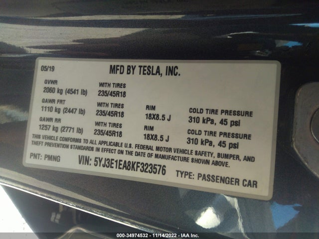 2019 Tesla 3, VIN: 5YJ3E1EA8KF323576