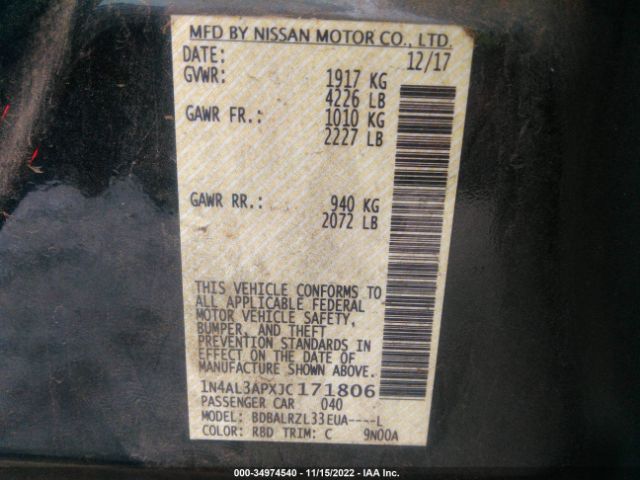 1N4AL3APXJC171806 Nissan Altima 2.5 Sl