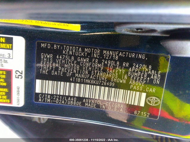 2019 TOYOTA CAMRY LE/SE/XLE/L VIN: 4T1B11HK6KU726499