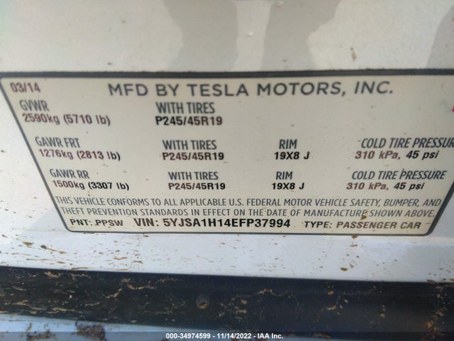 5YJSA1H14EFP37994 Tesla Model S 60 Kwh Battery/p85
