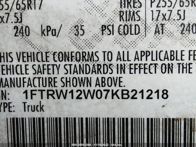 2007 FORD F-150 XLT/FX2 VIN: 1FTRW12W07KB21218